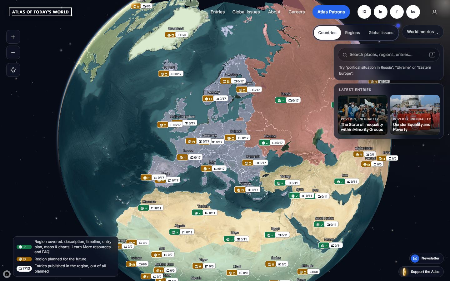 Úvodní stránka Atlas of Today's World: satelitní 3D glóbus s barevně odlišenými regiony, štítky zemí s počtem hesel a panel s vyhledáváním a nejnovějšími hesly