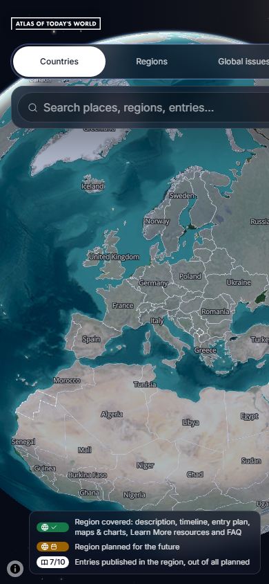 Atlas of Today's World na mobilu: glóbus přes celou obrazovku a vyhledávání nahoře
