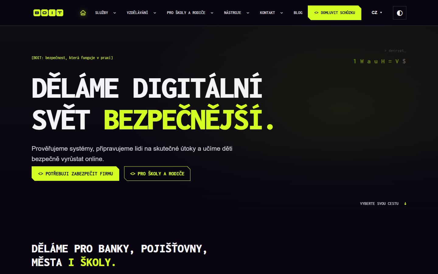 The boit.cz home page: a dark site with lime accents, the headline “We make the digital world safer” (in Czech) and two buttons, one for companies and one for schools and parents